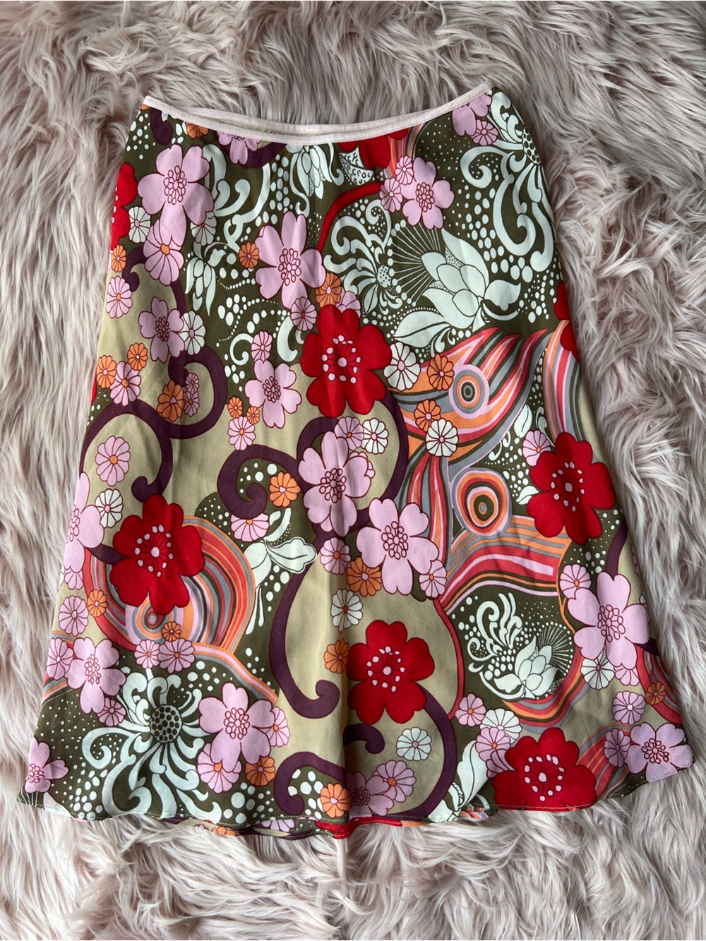 Vintage Made in Canada Floral Midi Skirt in Olive with Pink & Red Blooms